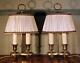 Pair Vintage French Gilt Brass Bouillotte Table Lamps Double Light & Shades Wow