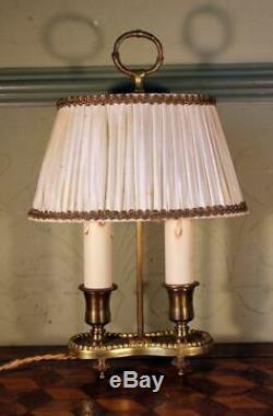 PAIR VINTAGE French Gilt Brass Bouillotte Table Lamps Double Light & Shades WOW