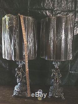 Pair Vintage Midcentury Hollywood Table Lamp Orginal Silk Shades
