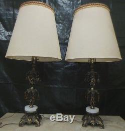Pair Vintage Retro MID Century Italy Hollywood Regency Table Lamps & Shades