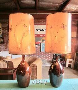 PAIR VTG Mid Century Van Briggle Drip Glaze Pottery Lamps + Butterfly Shades