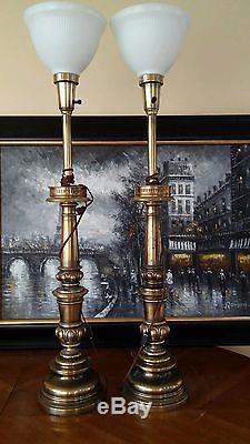PAIR of TALL Vintage Brass Stiffel Lamps With Glass shades Beautiful