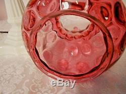 PAIR of VINTAGE FENTON CRANBERRY COIN DOT ELECTRIC GLASS LAMPS w RUFFLED SHADES