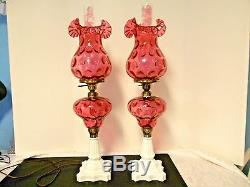 PAIR of VINTAGE FENTON CRANBERRY COIN DOT ELECTRIC GLASS LAMPS w RUFFLED SHADES