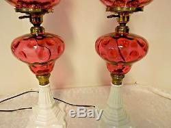 PAIR of VINTAGE FENTON CRANBERRY THUMBPRINT ELECTRIC GLASS LAMPS RUFFLED SHADES