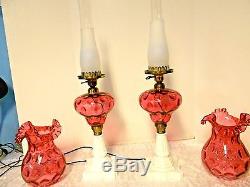 PAIR of VINTAGE FENTON CRANBERRY THUMBPRINT ELECTRIC GLASS LAMPS RUFFLED SHADES