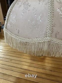 PAIR of Vintage Lamp Shades Beige Brocade Floral with Fringe Trim 13tall