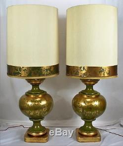 PAIR of Vintage Mid-Century Modern Retro Large Green/Gold Table Lamps wi/shades