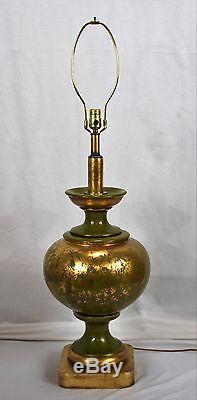 PAIR of Vintage Mid-Century Modern Retro Large Green/Gold Table Lamps wi/shades