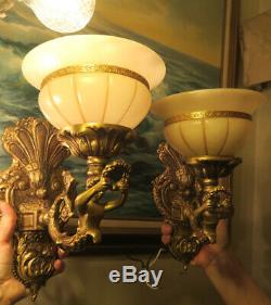 PR Sconces Vintage Deco Mermaid brass bronze lamp lady Alabaster shades Spain