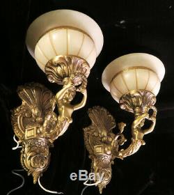 PR Sconces Vintage Deco Mermaid brass bronze lamp lady Alabaster shades Spain