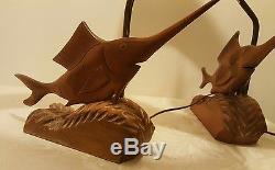 PR vintage Mid-Century carved lamps parchment shades Swordfish cabin beach rare