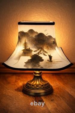 Pagoda Style Lamp Shade Hand Painted Zen Mountain Mist Vintage Mid Century