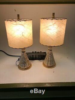 Pair 1950s Atomic White Gold Lamp Table Retro Vintage Mid Century Modern Shades