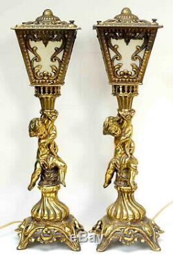 Pair 2 Vintage Hollywood Regency Cherub Table Lamps Brass Enclosed Lantern Shade