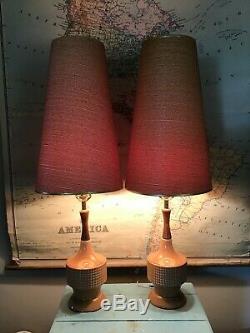 Pair 2 Vtg Mid Century Danish Modern Ceramic Table Lamps withShades