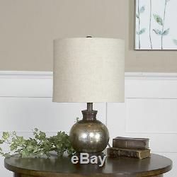 Pair Aged Mercury Glass Table Lamps Mango Wood Linen Shade Vintage Lights