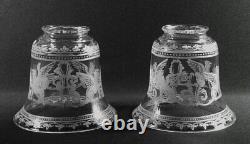 Pair Antique Crystal Etched Griffin Glass Lamp Shades