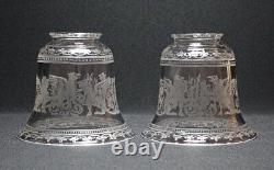 Pair Antique Crystal Etched Griffin Glass Lamp Shades