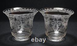 Pair Antique Crystal Etched Griffin Glass Lamp Shades