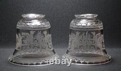 Pair Antique Crystal Etched Griffin Glass Lamp Shades