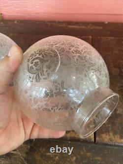 Pair Antique Etched Random Floral Glass Ball Lamp Light Shades 2 7/8 Fitter