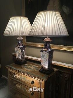 Pair Antique Vintage Chinese Porcelain Table Lamps With Silk Shades