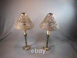 Pair Antique / Vintage Gorham Co. 082 Pierced Metal Candle Lamp Shades & Bases