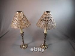 Pair Antique / Vintage Gorham Co. 082 Pierced Metal Candle Lamp Shades & Bases