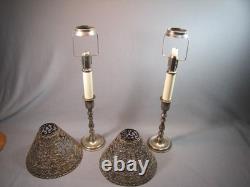Pair Antique / Vintage Gorham Co. 082 Pierced Metal Candle Lamp Shades & Bases
