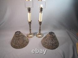 Pair Antique / Vintage Gorham Co. 082 Pierced Metal Candle Lamp Shades & Bases