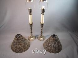Pair Antique / Vintage Gorham Co. 082 Pierced Metal Candle Lamp Shades & Bases