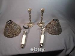 Pair Antique / Vintage Gorham Co. 082 Pierced Metal Candle Lamp Shades & Bases