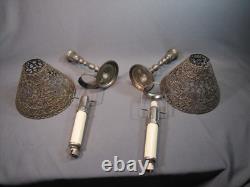 Pair Antique / Vintage Gorham Co. 082 Pierced Metal Candle Lamp Shades & Bases