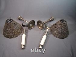 Pair Antique / Vintage Gorham Co. 082 Pierced Metal Candle Lamp Shades & Bases