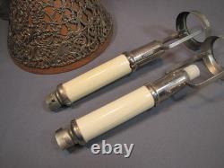 Pair Antique / Vintage Gorham Co. 082 Pierced Metal Candle Lamp Shades & Bases