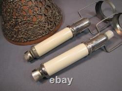 Pair Antique / Vintage Gorham Co. 082 Pierced Metal Candle Lamp Shades & Bases