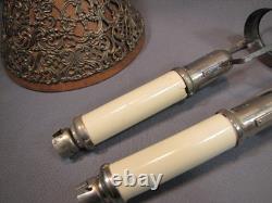Pair Antique / Vintage Gorham Co. 082 Pierced Metal Candle Lamp Shades & Bases