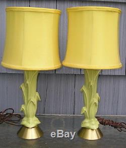 Pair Antique Vintage Mid Century Modern Lamps w Shades Corn Stalk Design Nice