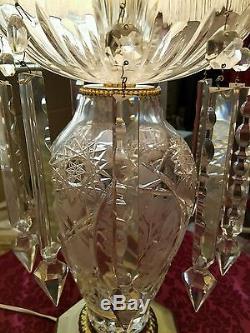 Pair Beautiful Vintage Cut Crystal Prismed Mansion Table Lamps Victorian Shades