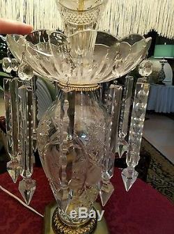 Pair Beautiful Vintage Cut Crystal Prismed Mansion Table Lamps Victorian Shades