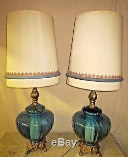 Pair Blue Vintage Mid-century Retro 1972 Ef Ef Industries Lamps & Drum Shades