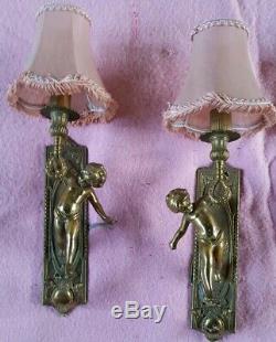 Pair French Vintage Cherub Shabby Chic BRASS Wall Lights Lamps Sconce Shades