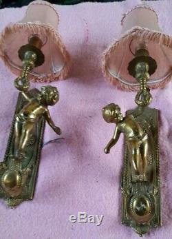 Pair French Vintage Cherub Shabby Chic BRASS Wall Lights Lamps Sconce Shades