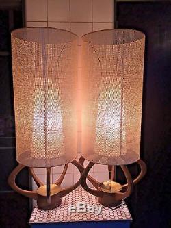 Pair Huge Vintage 1960s 60s MCM Atomic Teak Open Mesh Fiberglass Shades Lamps