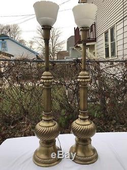 Pair Large Vintage Satin Brass Torchiere Table Lamps Glass Shades Rembrandt