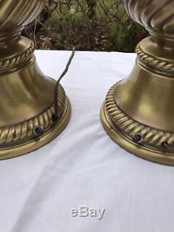 Pair Large Vintage Satin Brass Torchiere Table Lamps Glass Shades Rembrandt