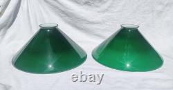 Pair Lg 15 1/2 Vintage Emerald Green Cased Cone Industrial Art Deco Lamp Shades
