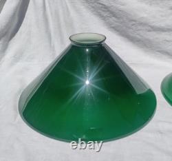 Pair Lg 15 1/2 Vintage Emerald Green Cased Cone Industrial Art Deco Lamp Shades