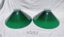 Pair Lg 15 1/2 Vintage Emerald Green Cased Cone Industrial Art Deco Lamp Shades